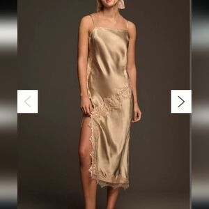 Anthropolgie Asymmetrical Lace slip Dress in gold satin and Lace Size Large  NWT